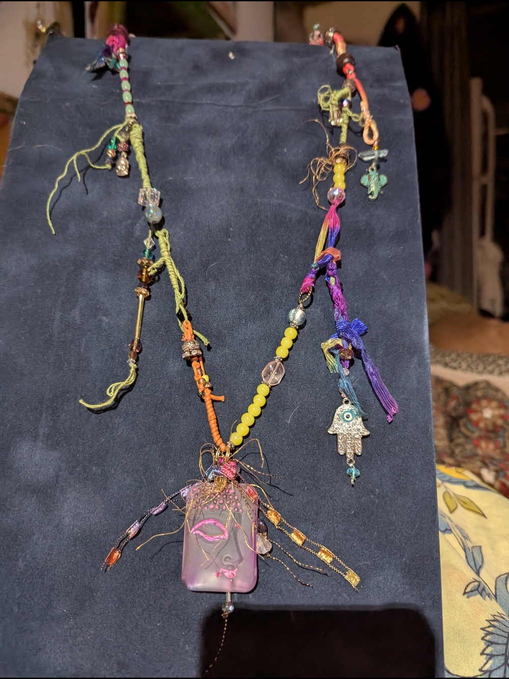 Bohemian Pink Buddha Glass Pendant Necklace with Multicolor Beads - Picture 7 of 10